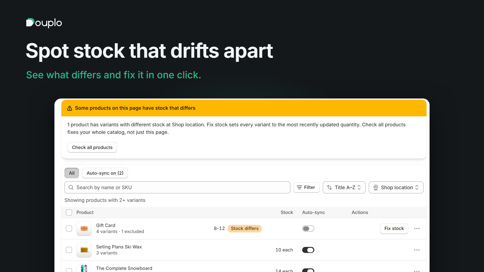 Products table with a Stock differs badge and a Fix stock button on a product whose variants have different stock