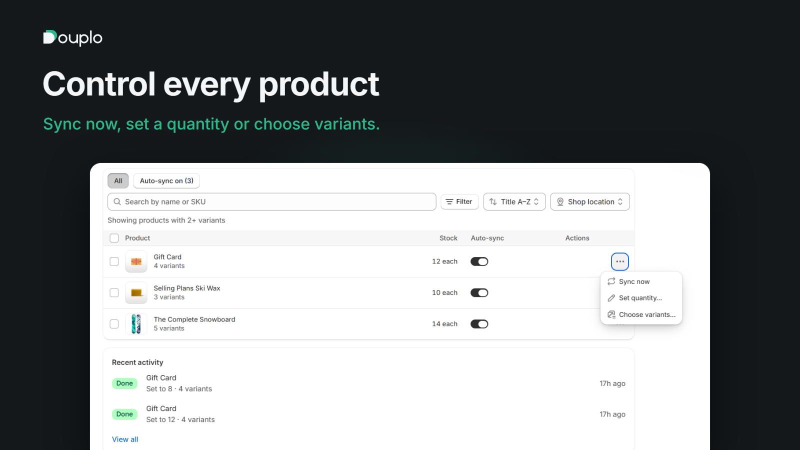Row menu on a product with Sync now, Set quantity and Choose variants actions